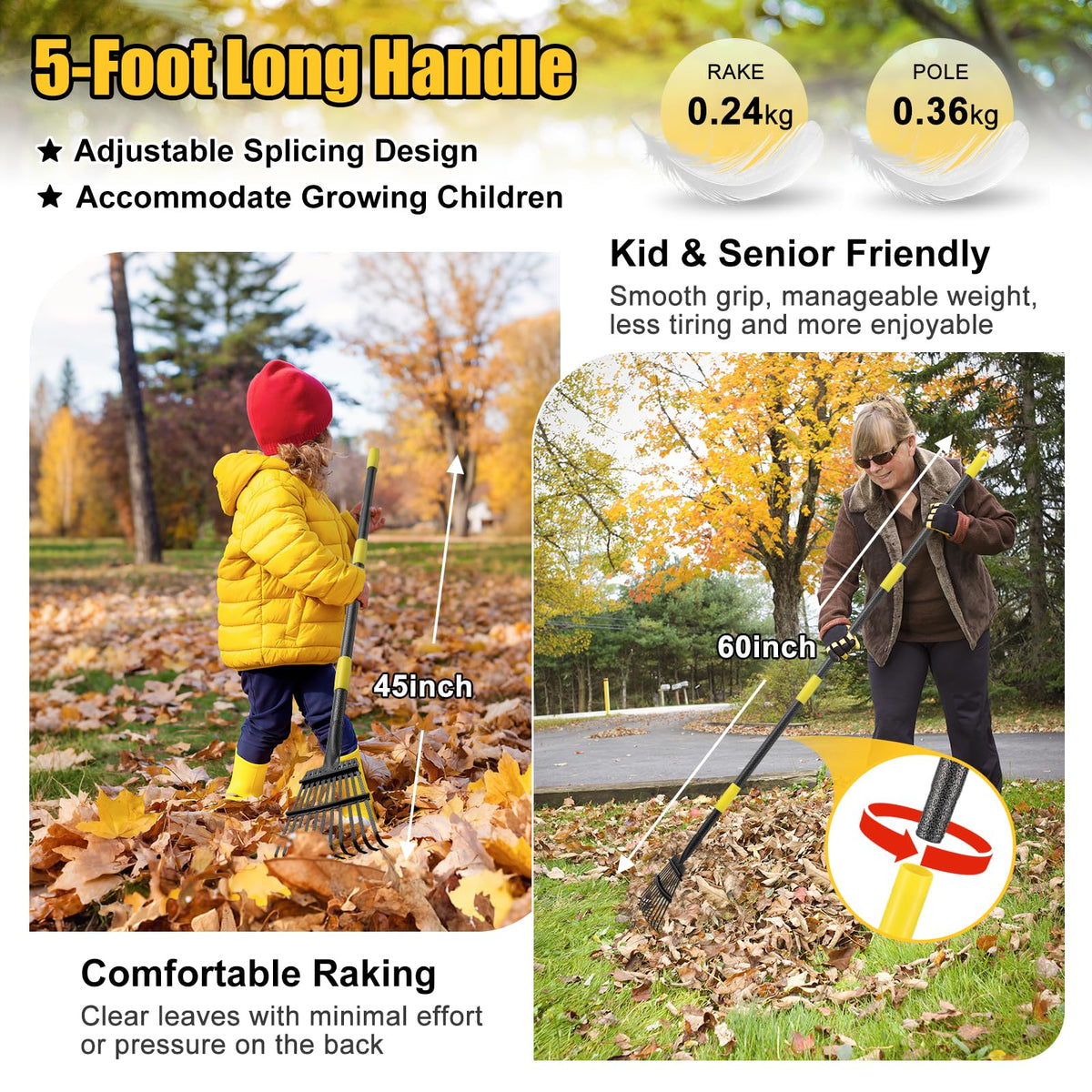 Lilyvane adjustable-handle rake extends to 60 inches for tall plants.