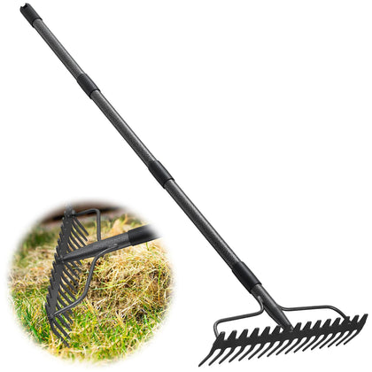 Lilyvane garden leaf rake with 77-inch handle for efficient debris cleanup.