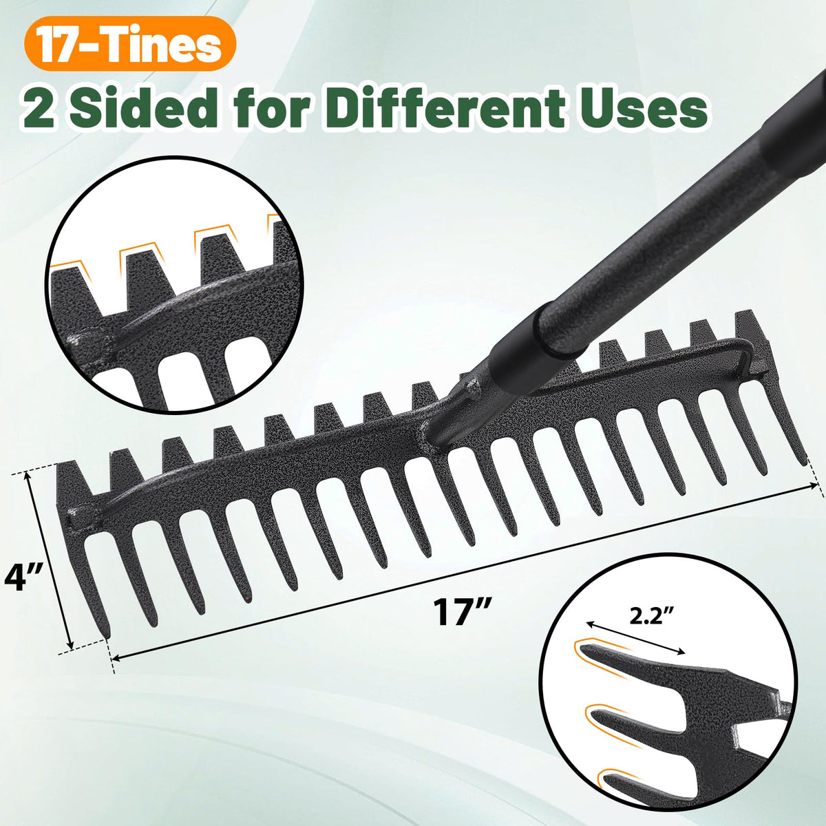 Lilyvane heavy-duty rake head designed for tough soil and gravel tasks.