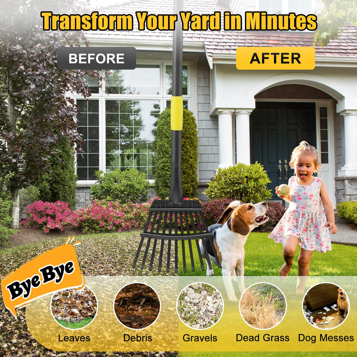 Lilyvane leaf rake includes hardware and a 12-month warranty.