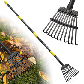 Lilyvane leaf rake with 8.5-inch head for tight spots between shrubs.