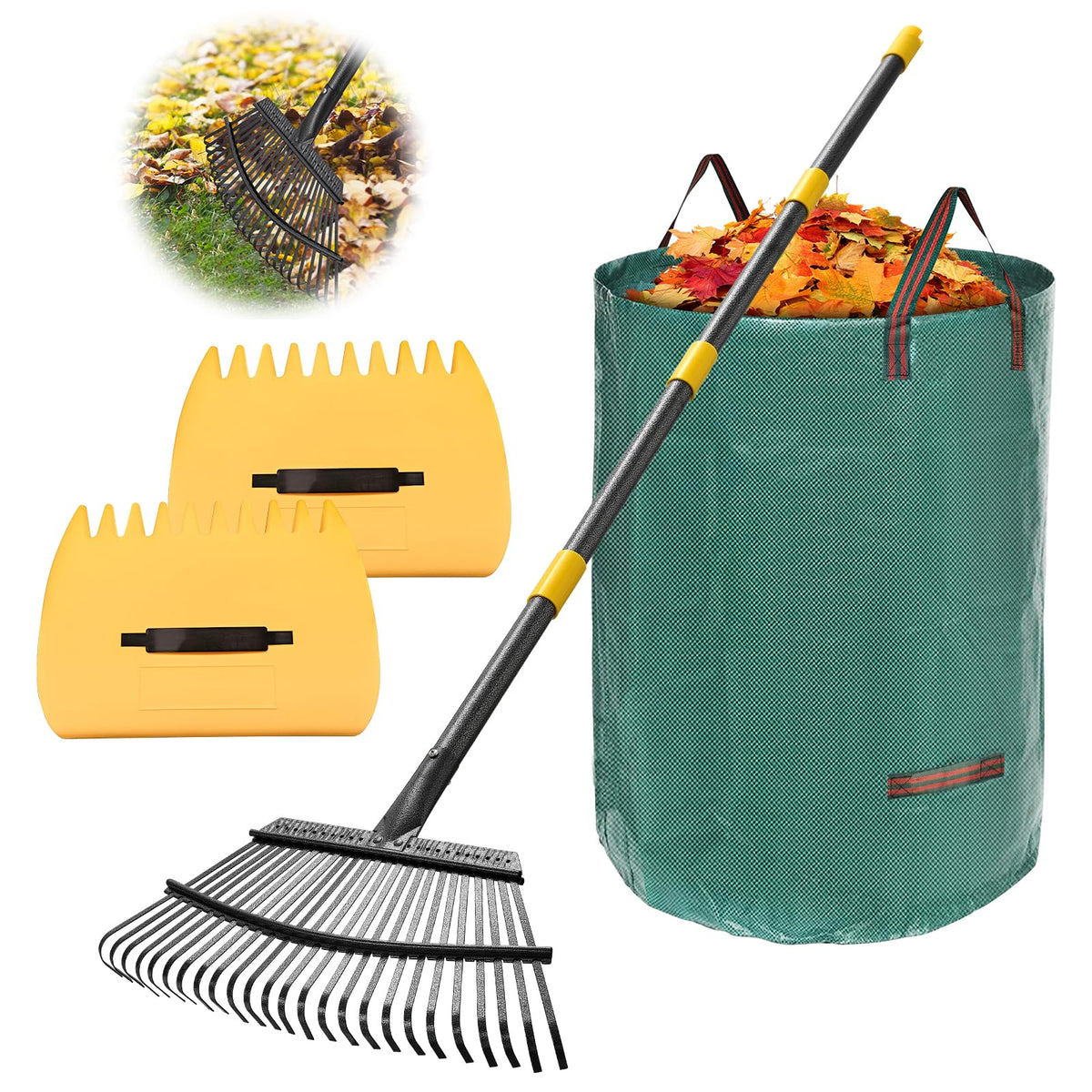 Lilyvane rake with 18-inch head for efficient leaf collection.