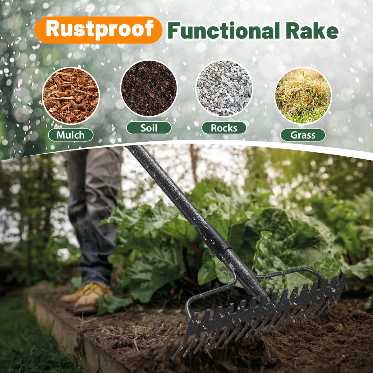 Lilyvane rustproof coated rake resists corrosion in outdoor use.
