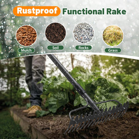 Lilyvane rustproof coated rake resists corrosion in outdoor use.