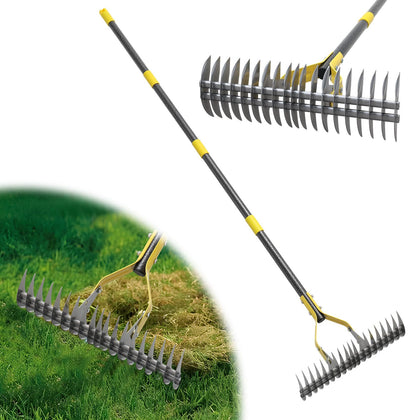 Lilyvane Thatch Rake dual-head design for stable dethatching and debris removal.