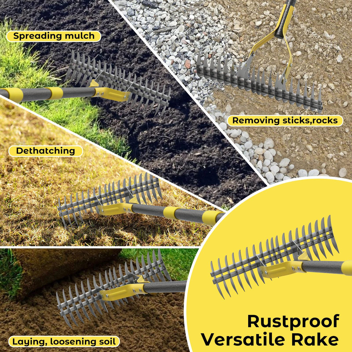 Lilyvane Garden Rake extends reach for large lawns and debris.