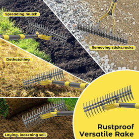 Lilyvane Garden Rake extends reach for large lawns and debris.