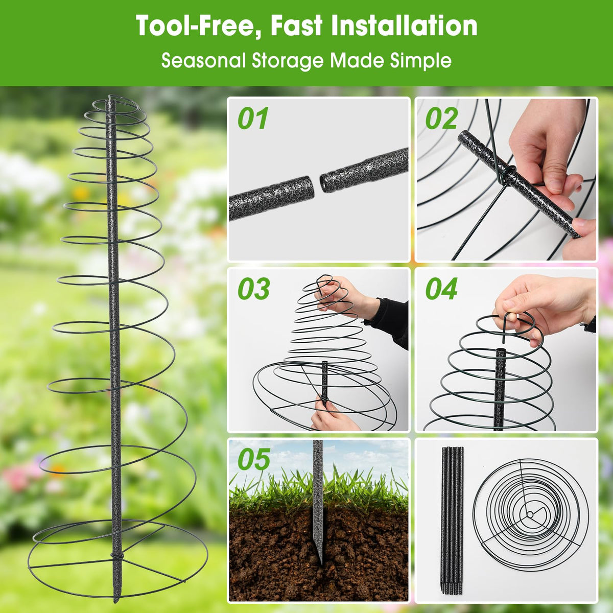 Deep soil insertion provides wind resistance for outdoor climbing plants.