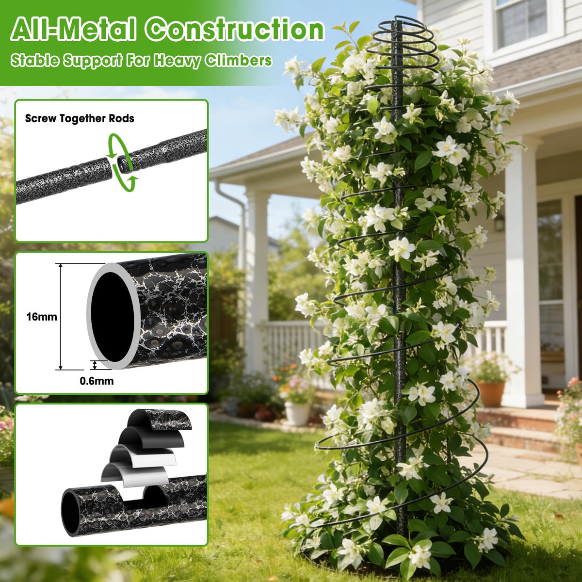 Center pole with welded connections ensuring stable uprights for plants.