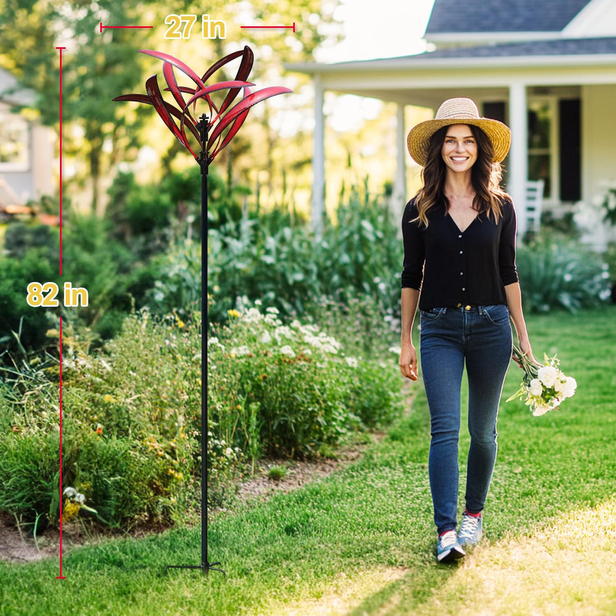 LimeHill Wind Spinner Crimson Magnolia side view showcases bold yard decor.