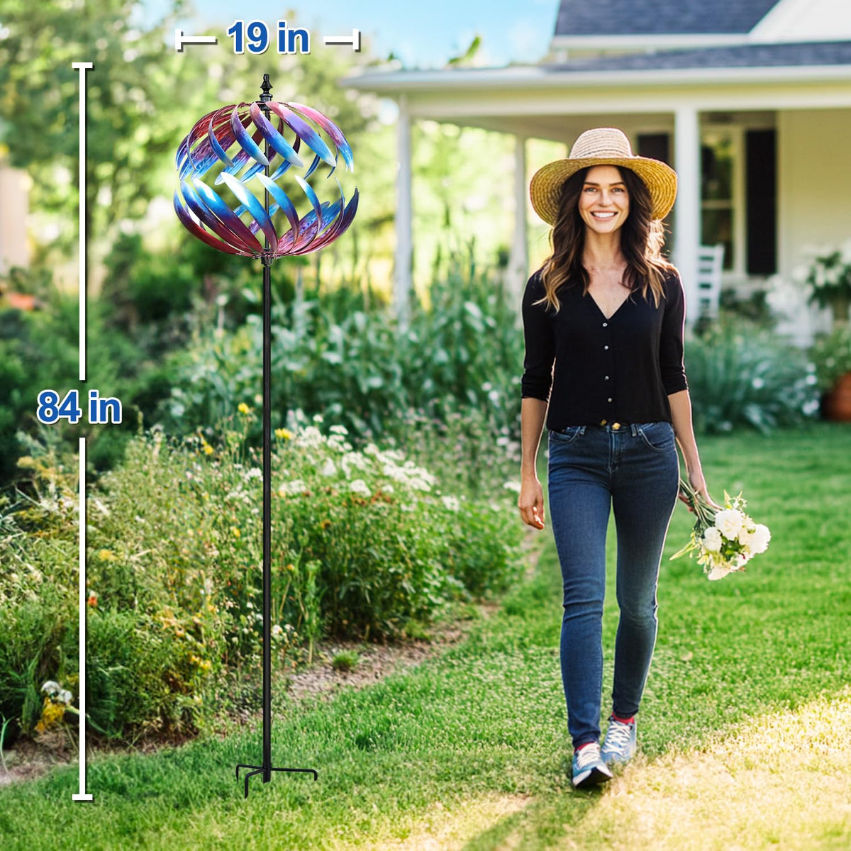 LimeHill wind spinner with stake demonstrates quick garden installation.
