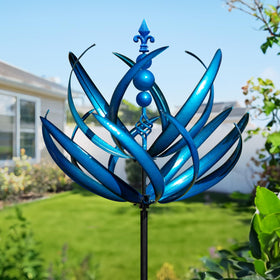 LimeHill wind spinner for yard shows large metal motion in sunlight.