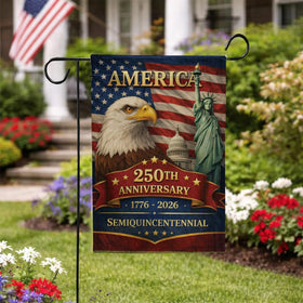 Limima 250th Anniversary ribbon flag creates a bold yard focal point.