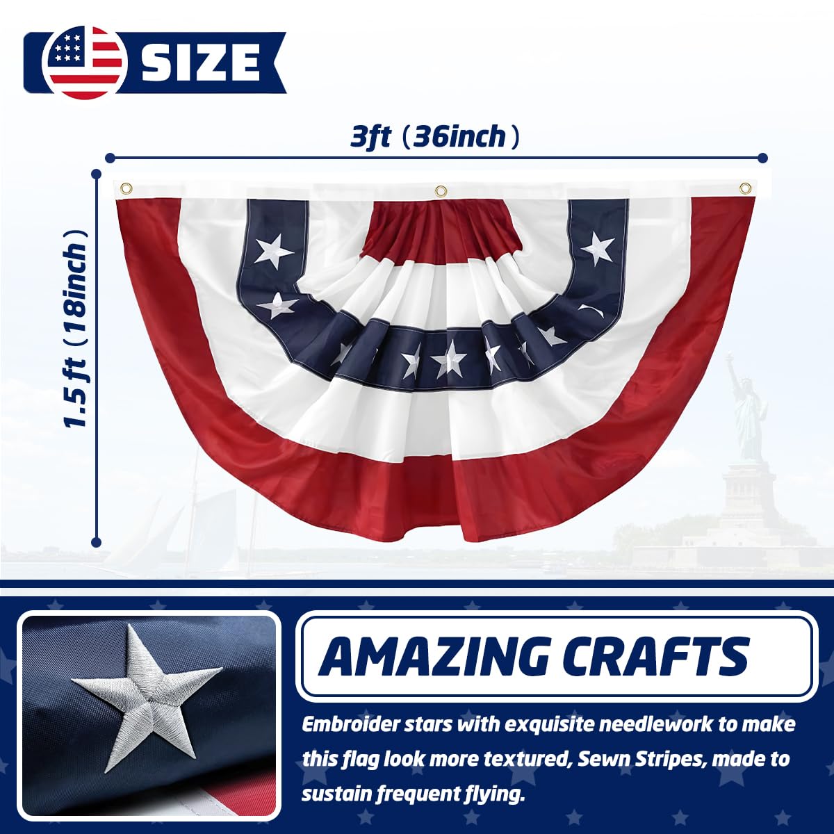 LinaGarten embroidered flag close-up showing stars and stripes for premium display.