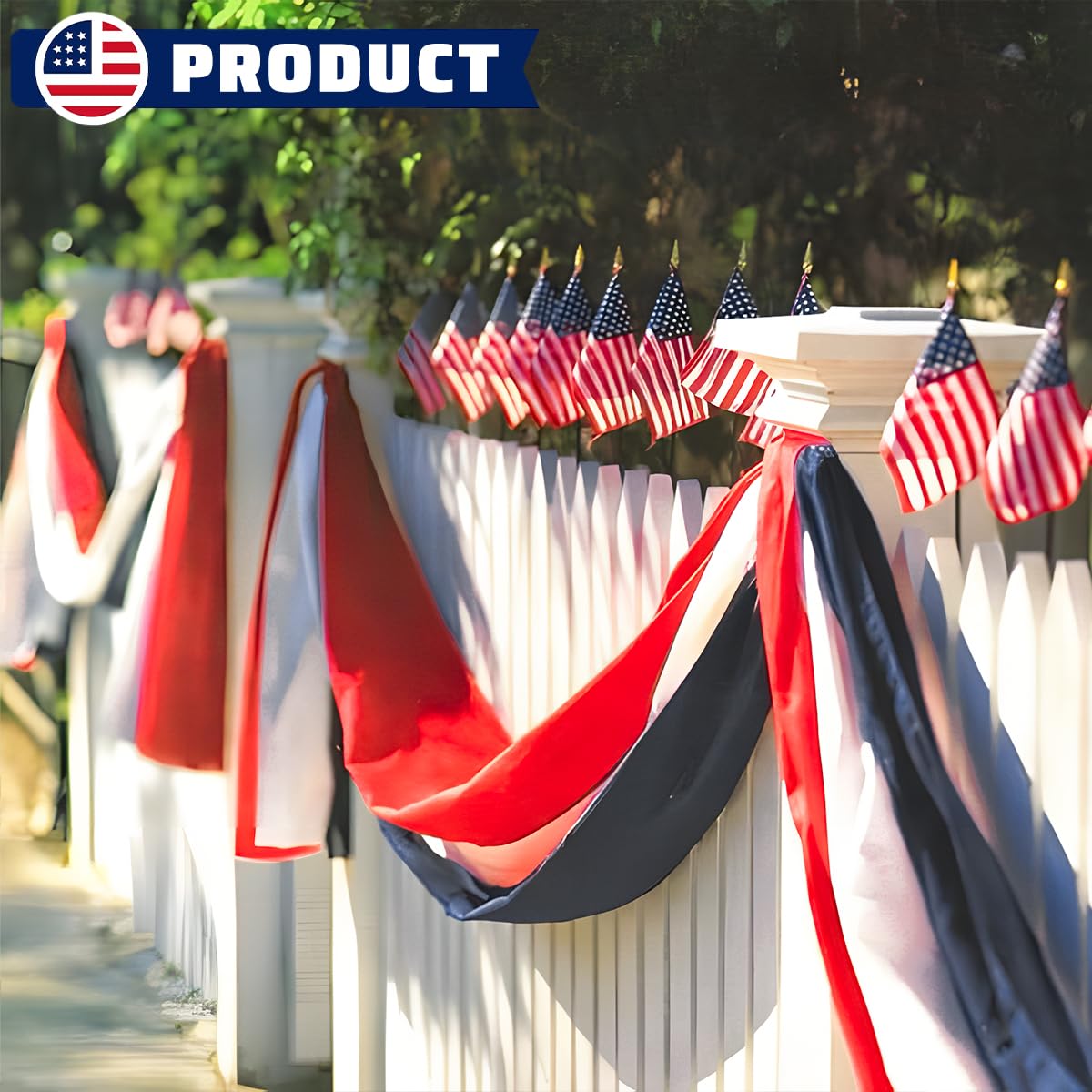 LinaGarten memorial-day and 4th of July decor bunting along a gate
