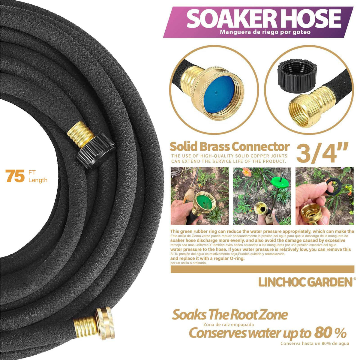LINCHOC GARDEN 75 ft hose laid out across a lawn for uniform moisture.