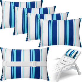 Lineshading chaise lounge pillow with strap in blue stripe for secure outdoor seating comfort.