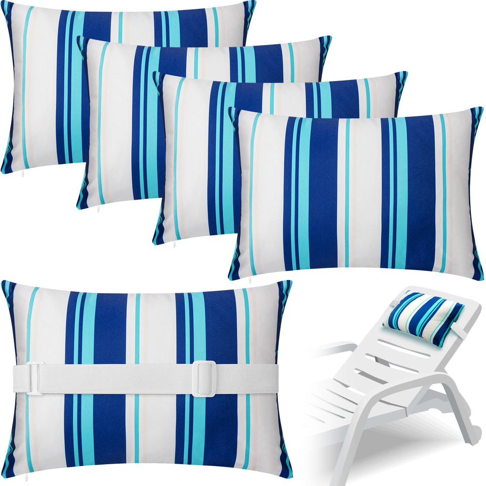 Lineshading chaise lounge pillow with strap in blue stripe for secure outdoor seating comfort.