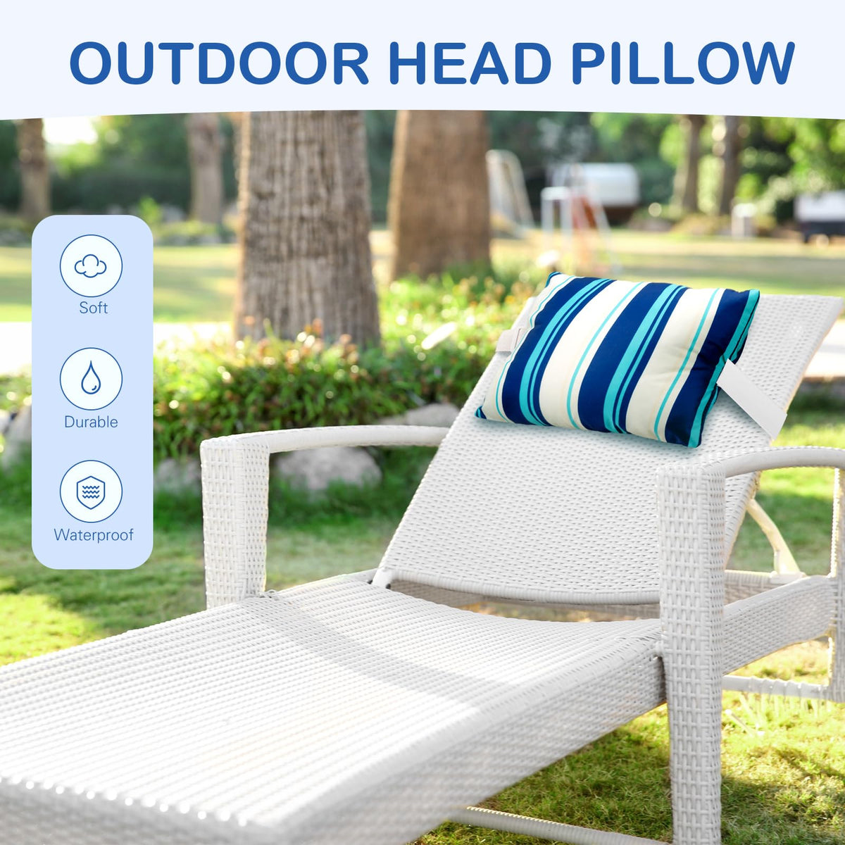Lineshading neck pillow with adjustable elastic band fits multiple chairs.
