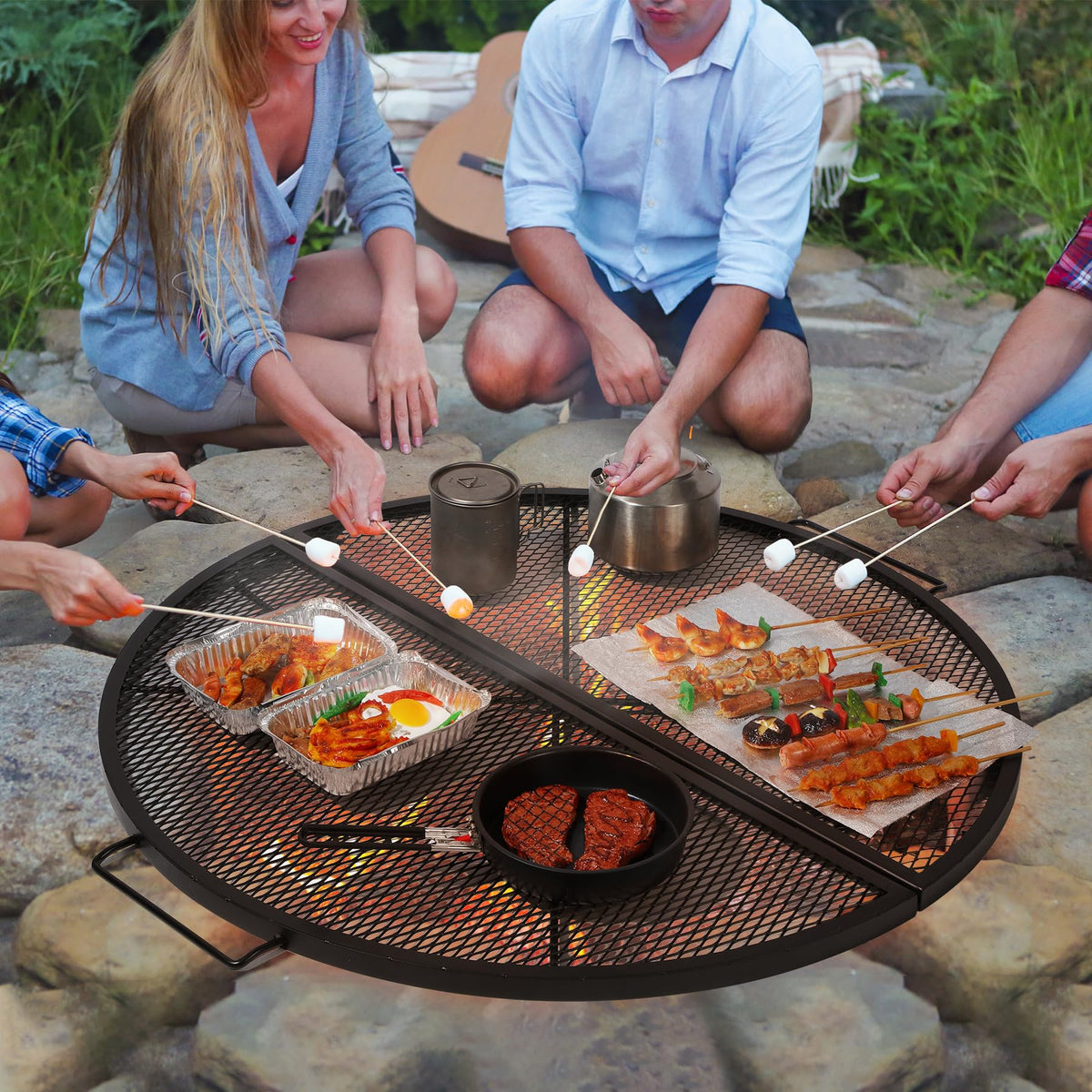 Lineslife foldable round fire pit grill with handles for easy transport and setup.