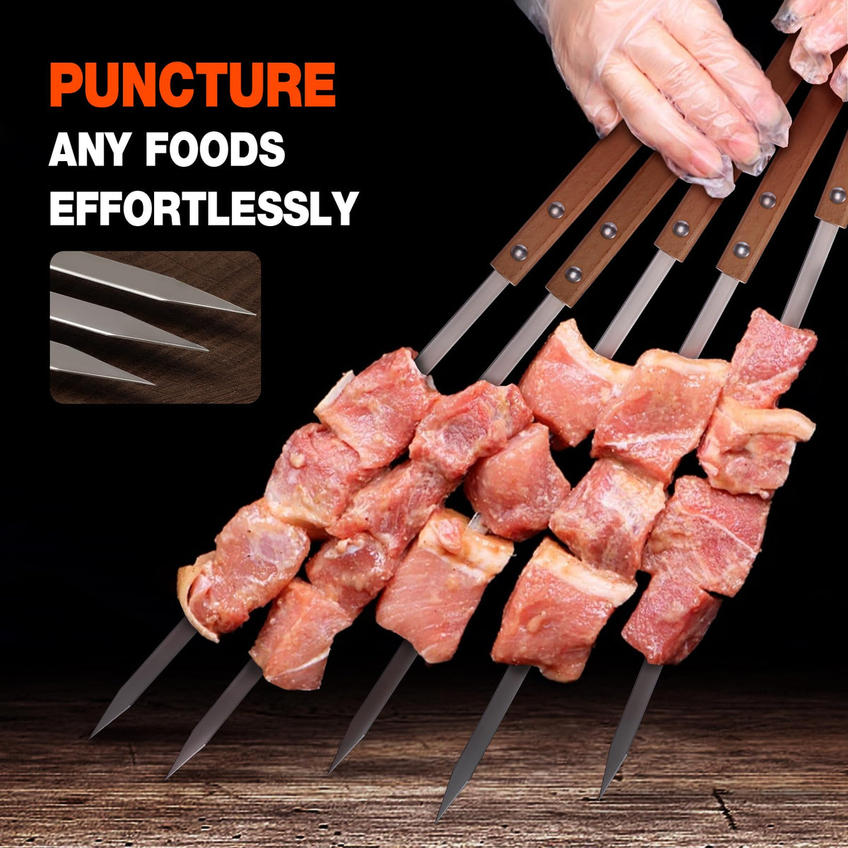 Lineslife skewers suitable for ovens, grills, and campfires with a wooden handle grip