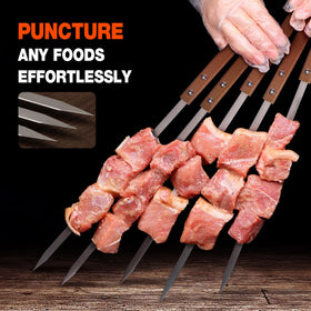Lineslife skewers suitable for ovens, grills, and campfires with a wooden handle grip