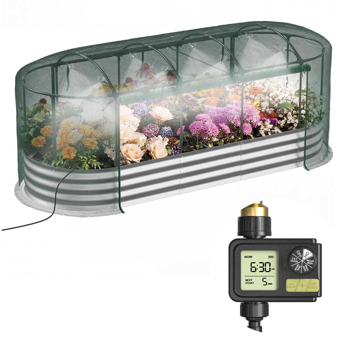 Lineware raised bed with sprinkler timer ensuring even watering
