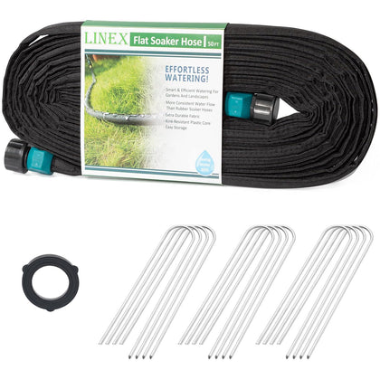 LINEX flat soaker hose unrolls smoothly for quick, even irrigation across beds.