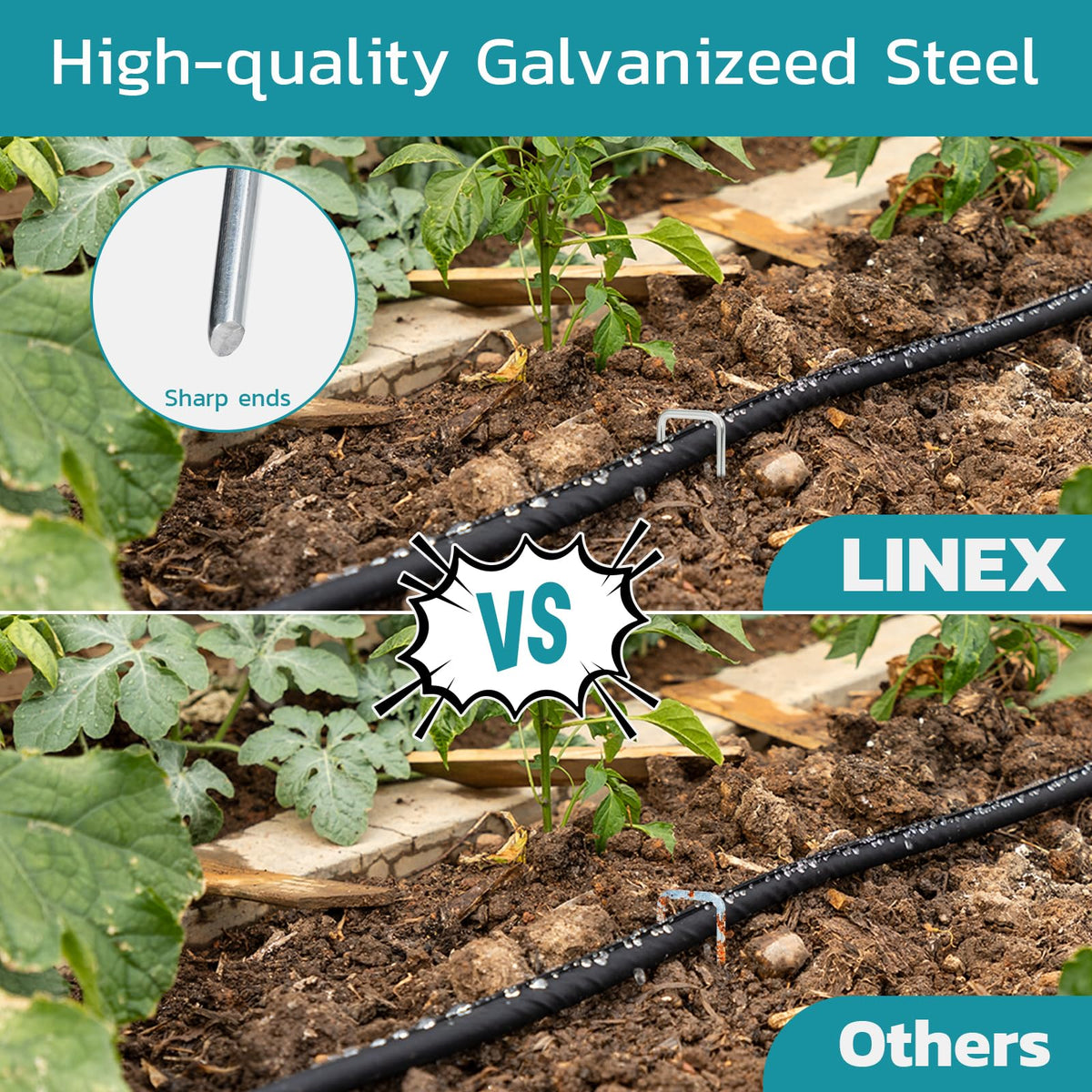 LINEX galvanized stakes with a metallic finish designed for rust resistance.
