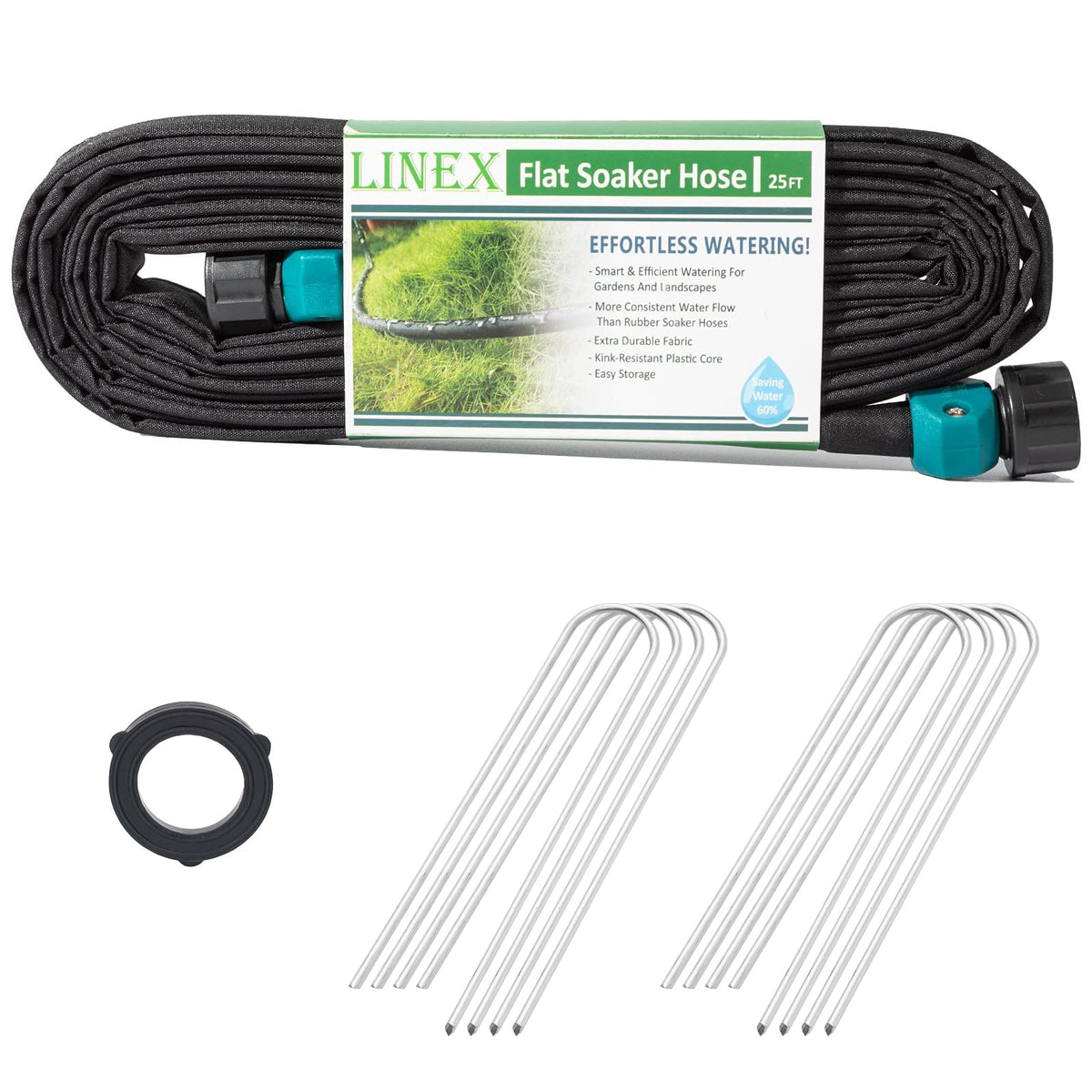 LINEX garden flat soaker hose 25ft laid out for even irrigation in a garden bed.