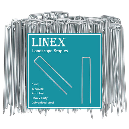 LINEX landscape staples 6in pack stabilizing sod and fabric in a neat bed.