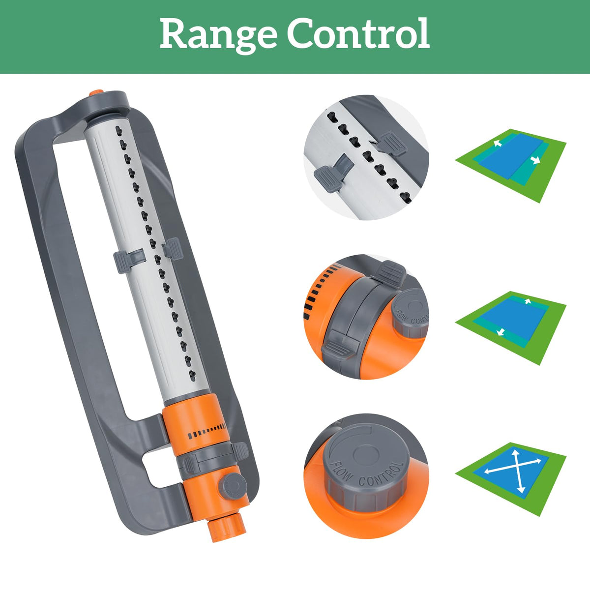 LINEX oscillating sprinkler adjustable flow controls spray range