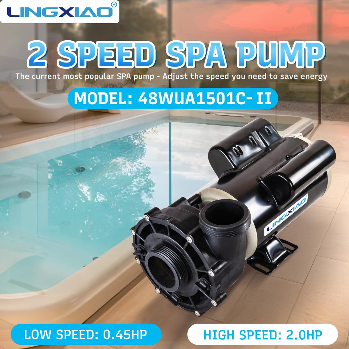 LINGXIAO 48WUA1501C-II spa pump side-mount view shows flexible orientation in tight spaces