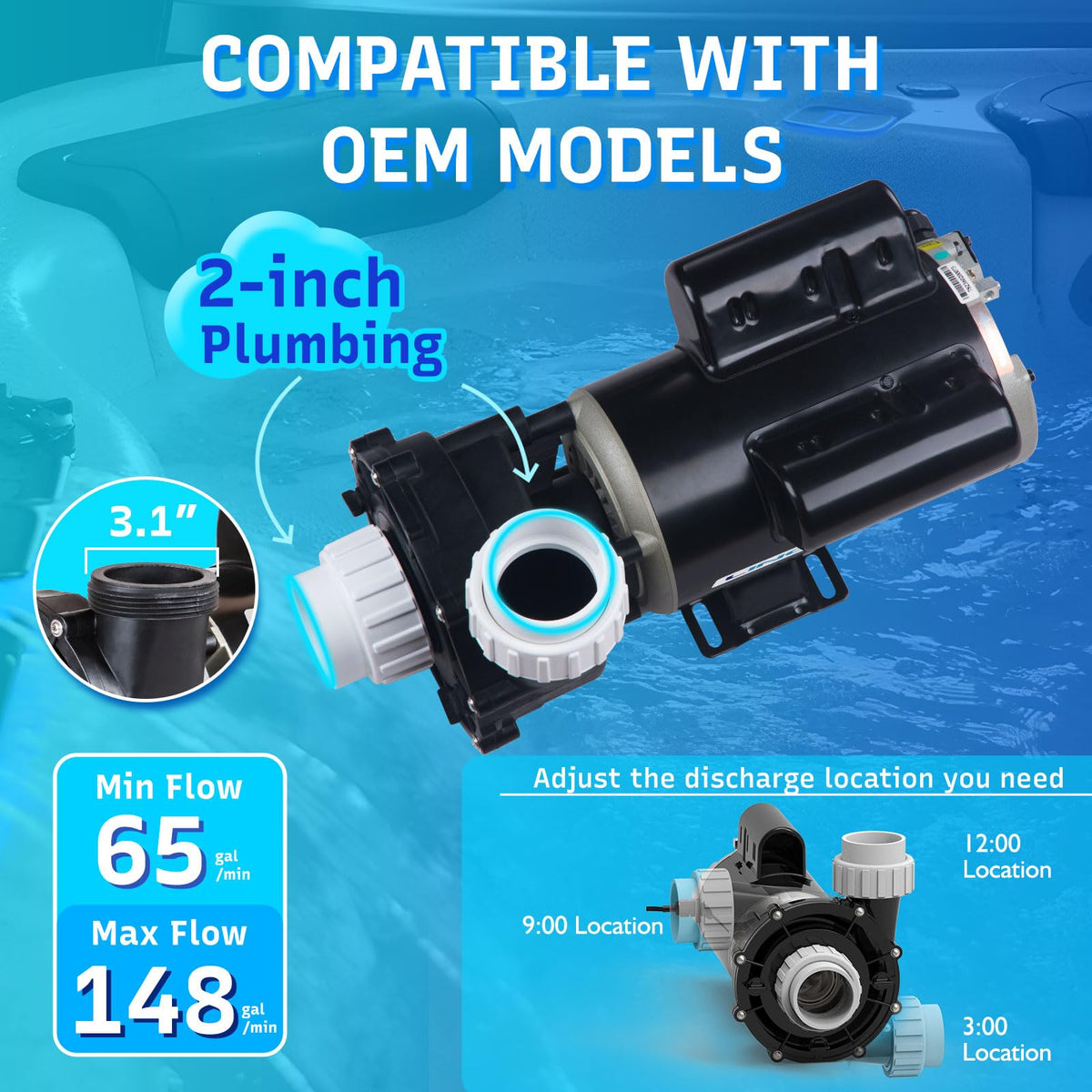 LINGXIAO 48WUA1501C-II spa pump wiring close-up highlights copper windings and durability