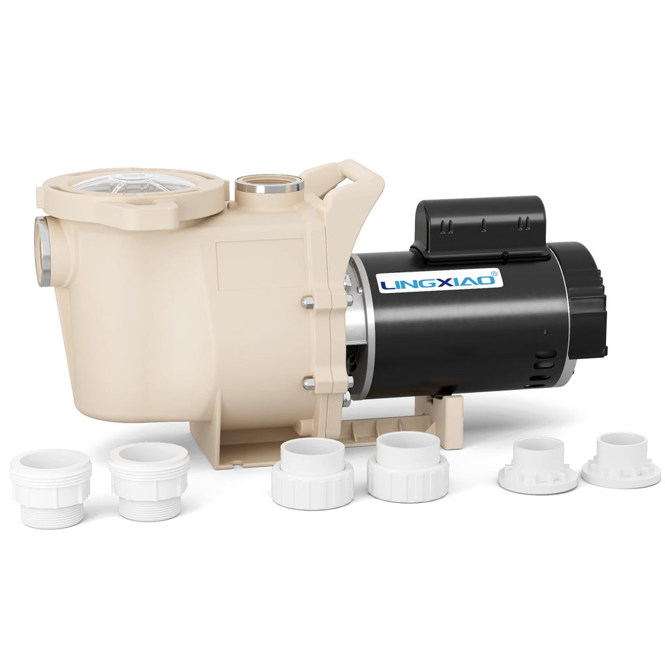 LINGXIAO pool pump front view shows compact design for efficient pool water circulation