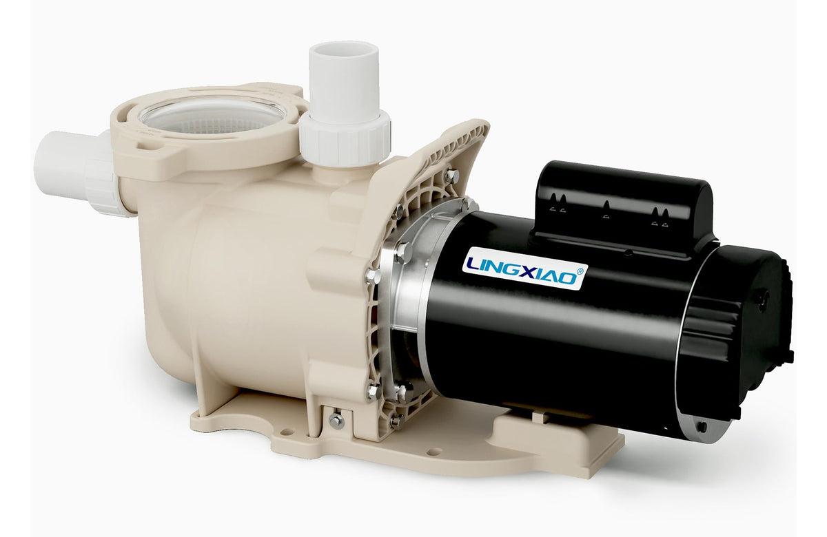 LINGXIAO pool pump front view demonstrating compact design and high-flow potential for many pools