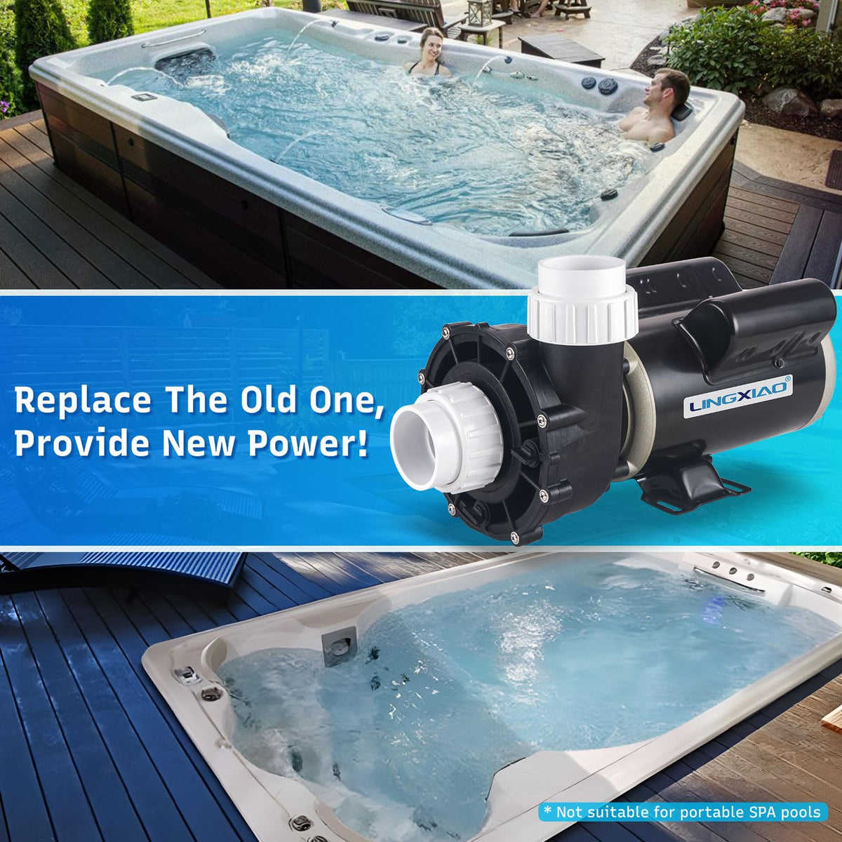 LINGXIAO spa pump in-use view demonstrates quiet operation and reliable flow.