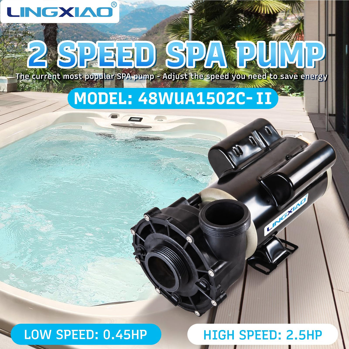 LINGXIAO spa pump side view highlights rugged housing and mounting compatibility.