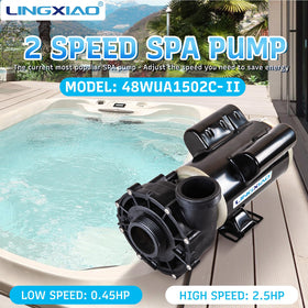 LINGXIAO spa pump side view highlights rugged housing and mounting compatibility.
