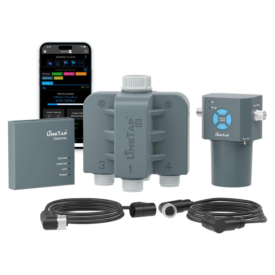 LinkTap Q1 four-zone valves setup for precise garden zoning and irrigation control.