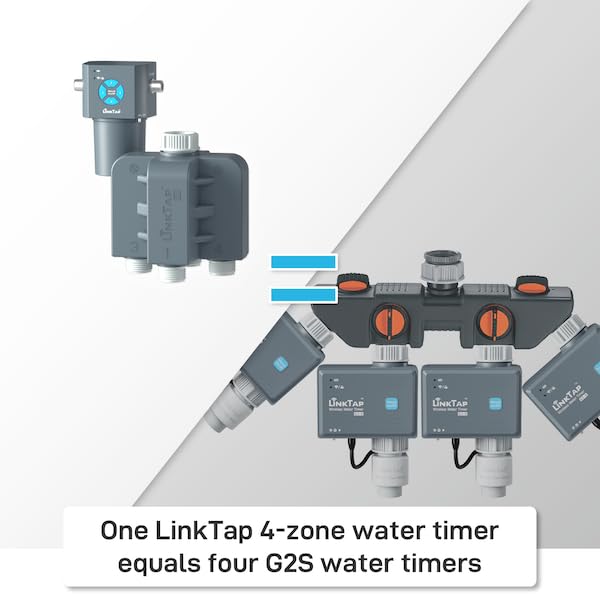 LinkTap Q1 gateway connection setup showing wireless hub linking irrigation.