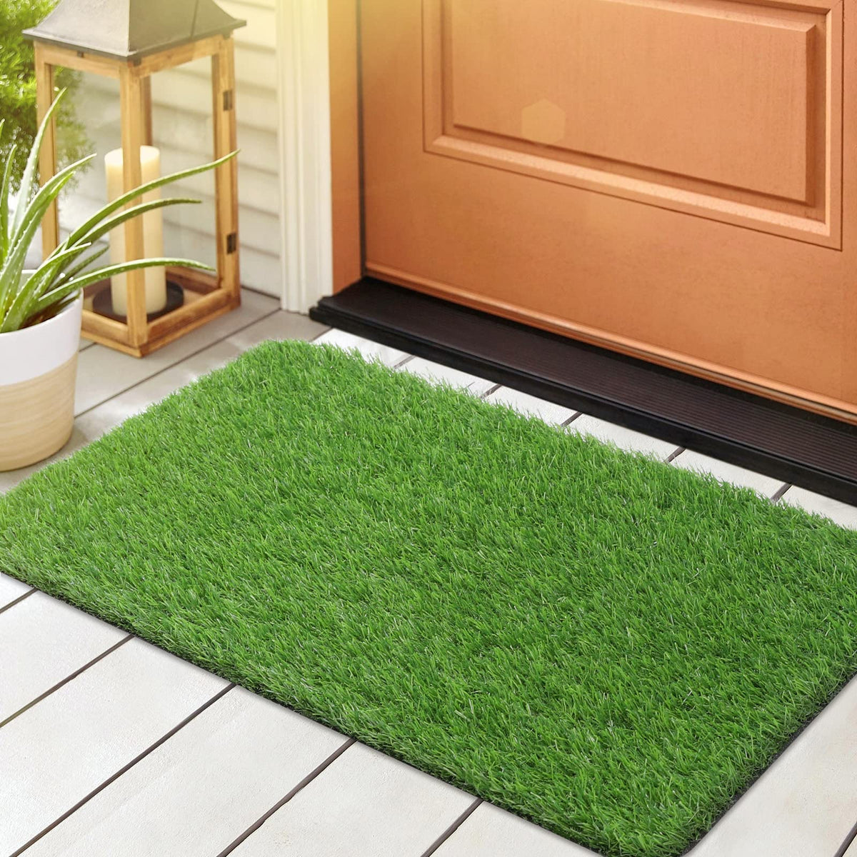 LINLA artificial grass door mat closeup of lush turf for a welcoming entry.