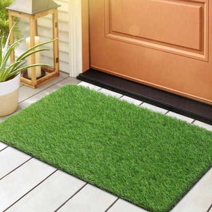 LINLA artificial grass door mat closeup of lush turf for a welcoming entry.