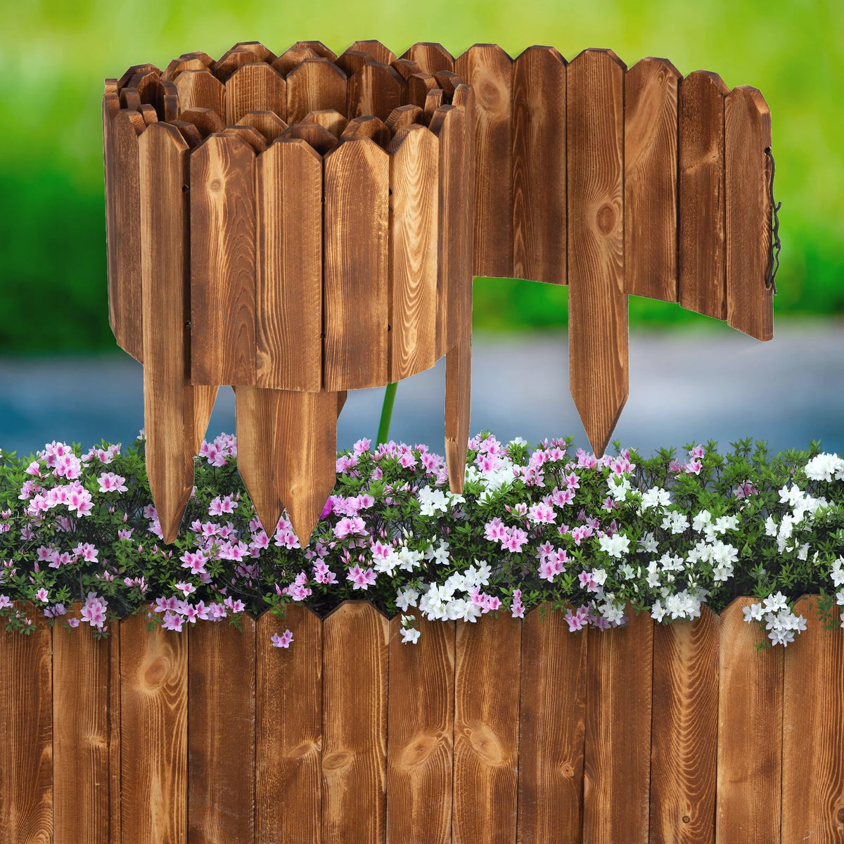 LINSHRY wood garden fence 8in x 8ft brown protects flower beds and defines borders.