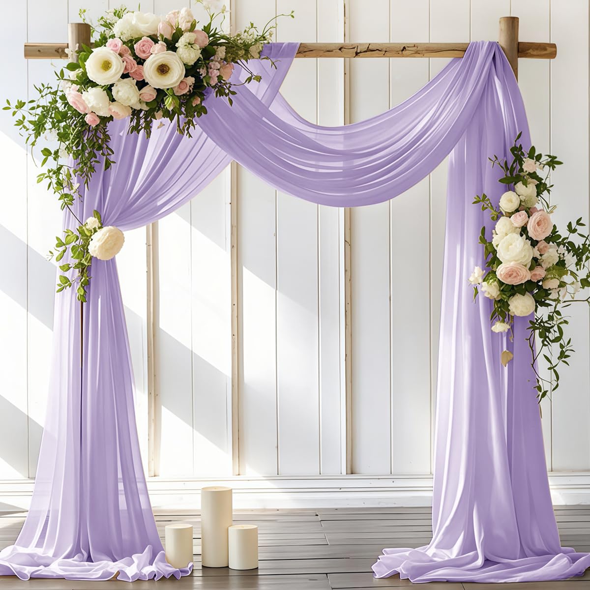 LINXTAR lilac two-panel draping fabric on arch, soft chiffon texture