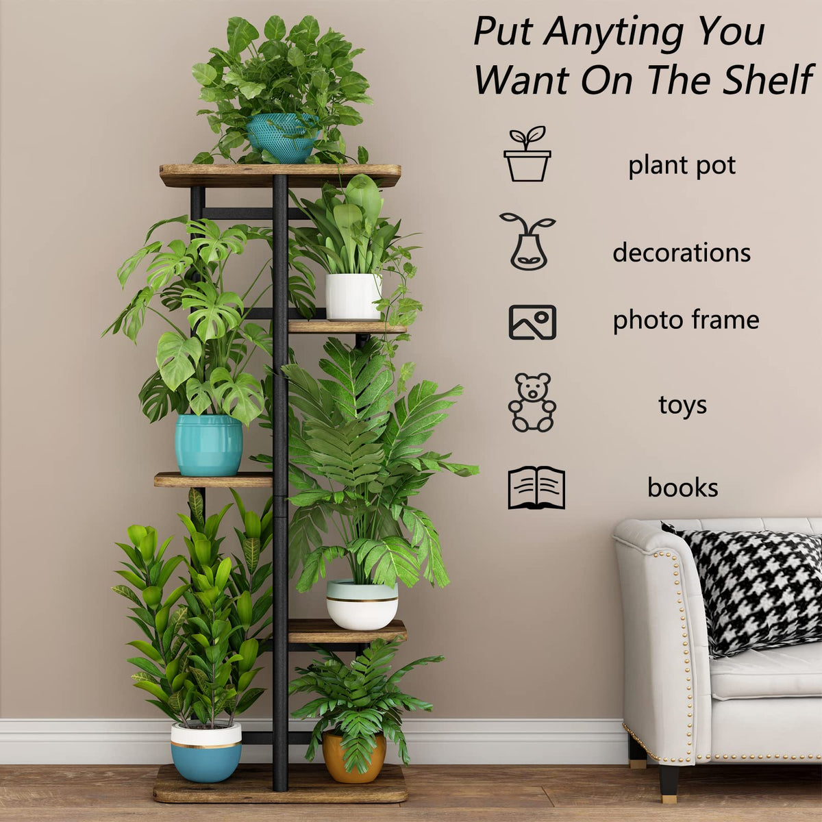 LINZINAR plant stand 5-tier display of arrangement shows indoor balcony practicality