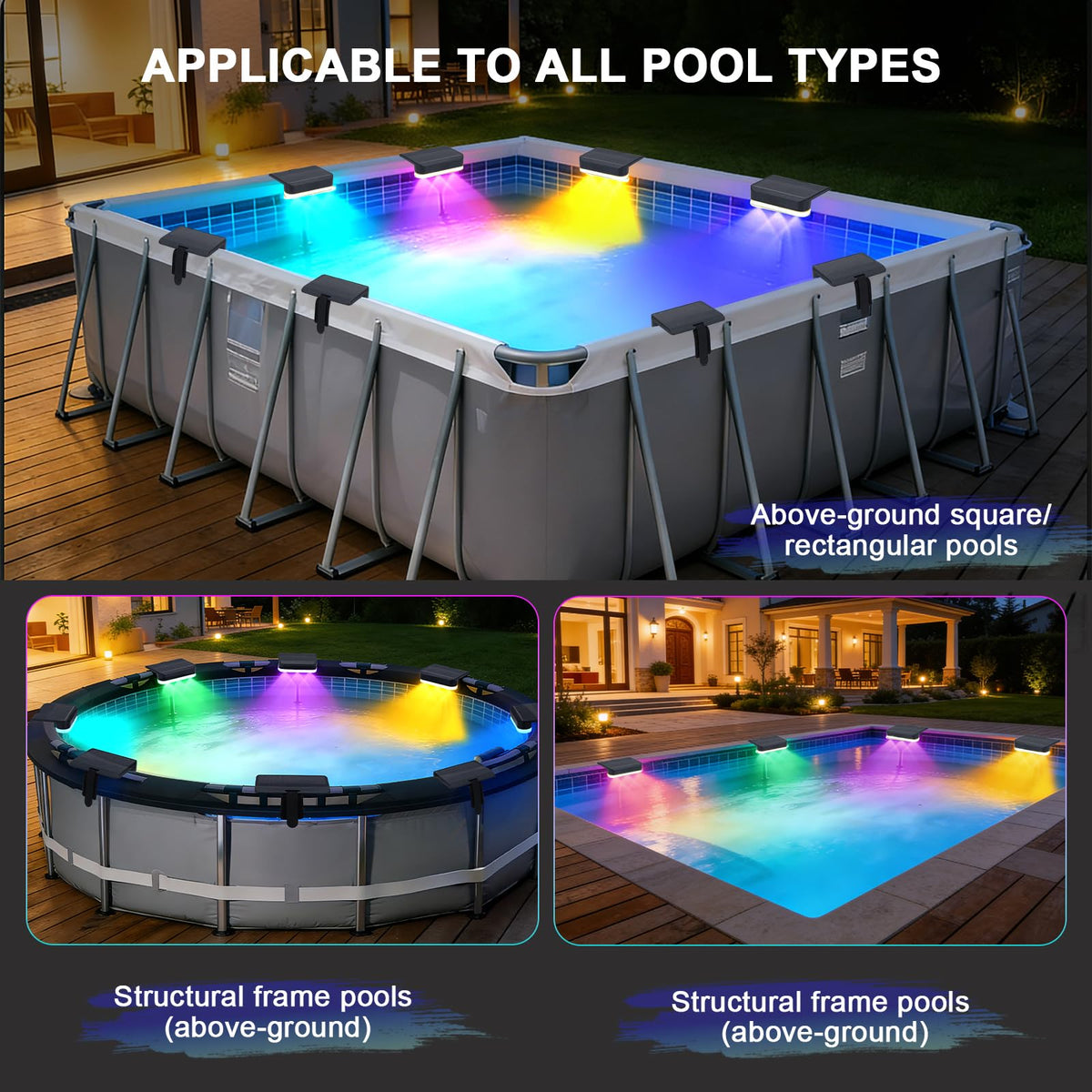 Lipik 8Packs solar pool light at dusk providing automatic dusk-to-dawn glow