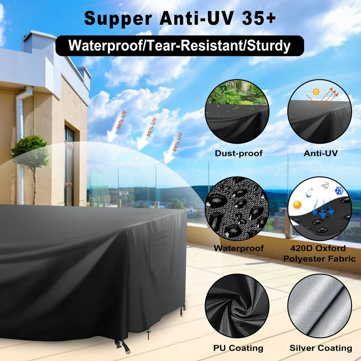 Lipneaed adjustable drawstring helps keep the cover in place against gusts.