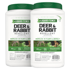 Liquid Fence Deer & Rabbit Repellent granules in packaging protect ornamental beds from deer and rabbits.