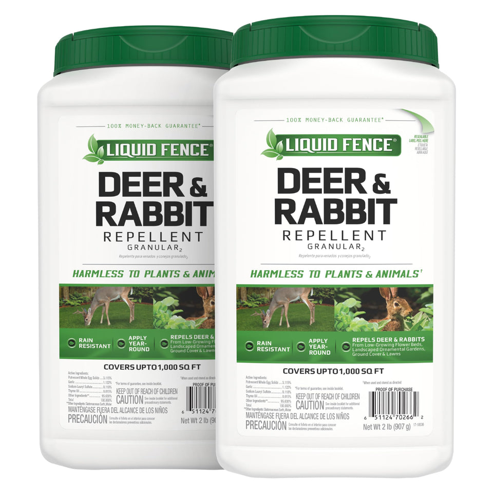 Liquid Fence Deer & Rabbit Repellent granules in packaging protect ornamental beds from deer and rabbits.